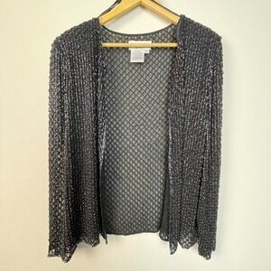 Adrianna Papell Evening Beaded Mesh Open‎ Front Long Sleeve Cardigan Jacket M